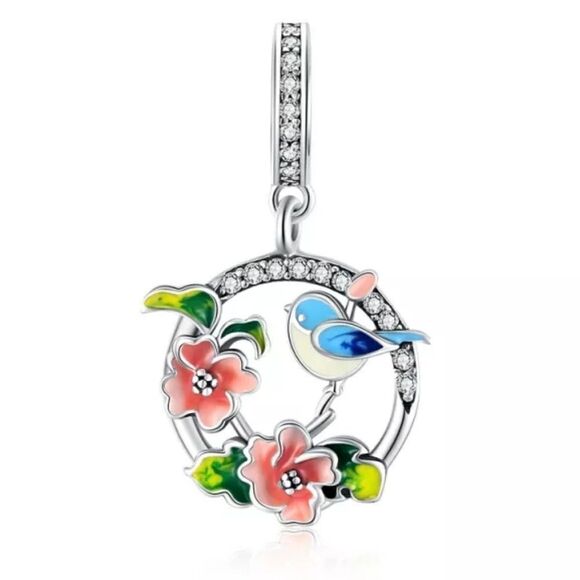 925 Silver Bird & Garden Dangle Charm - Picture 1 of 5